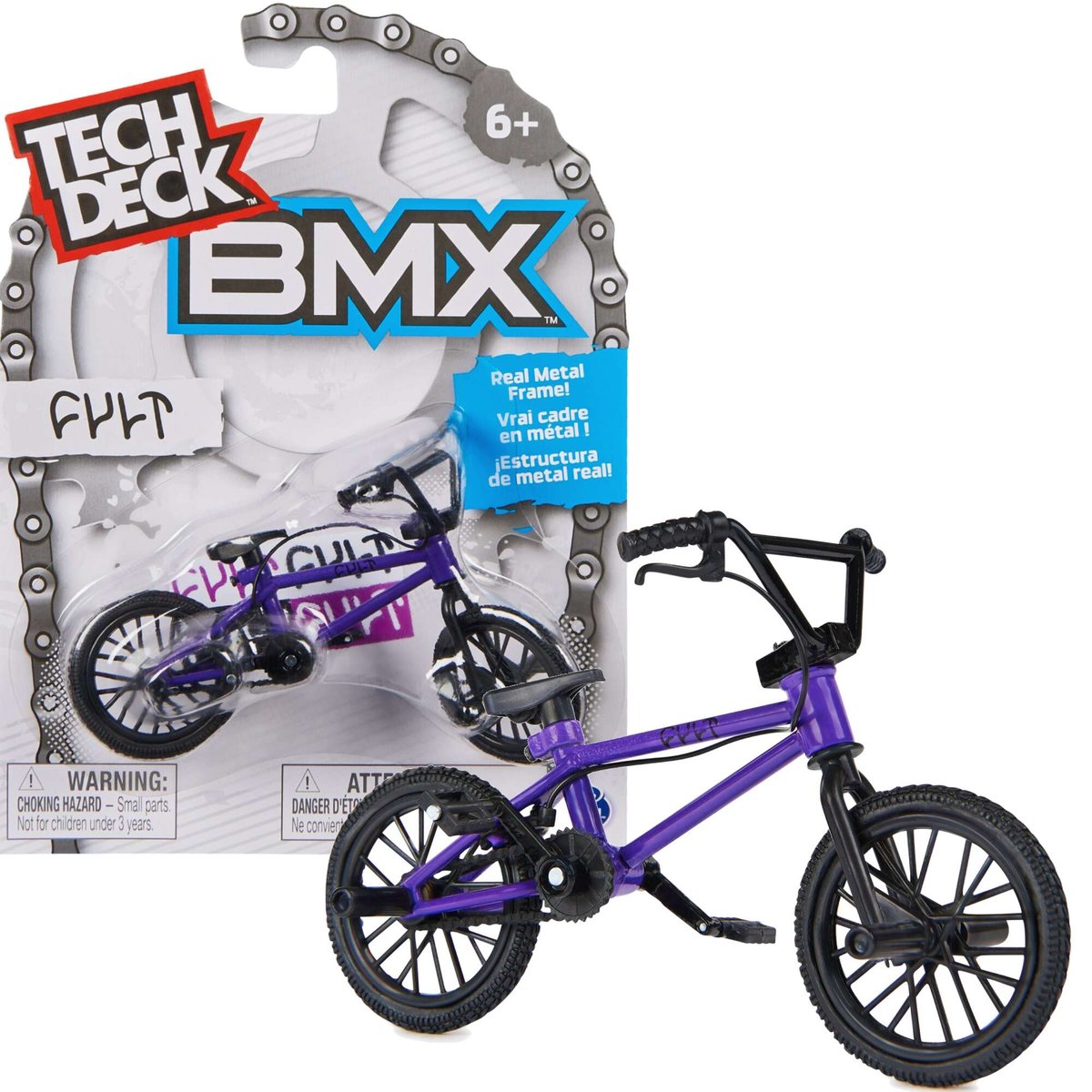 Tech Deck mały zestaw fingerbike BMX mini rower na palce fioletowy Cult + naklejki