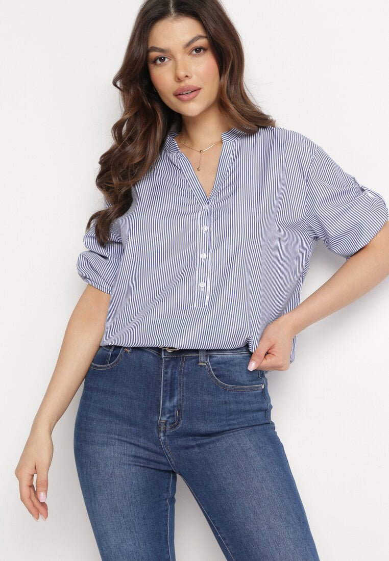 Granatowo-Biała Bawełniana Koszula w Paski z Guziczkami i Rękawem 3/4 Biurise