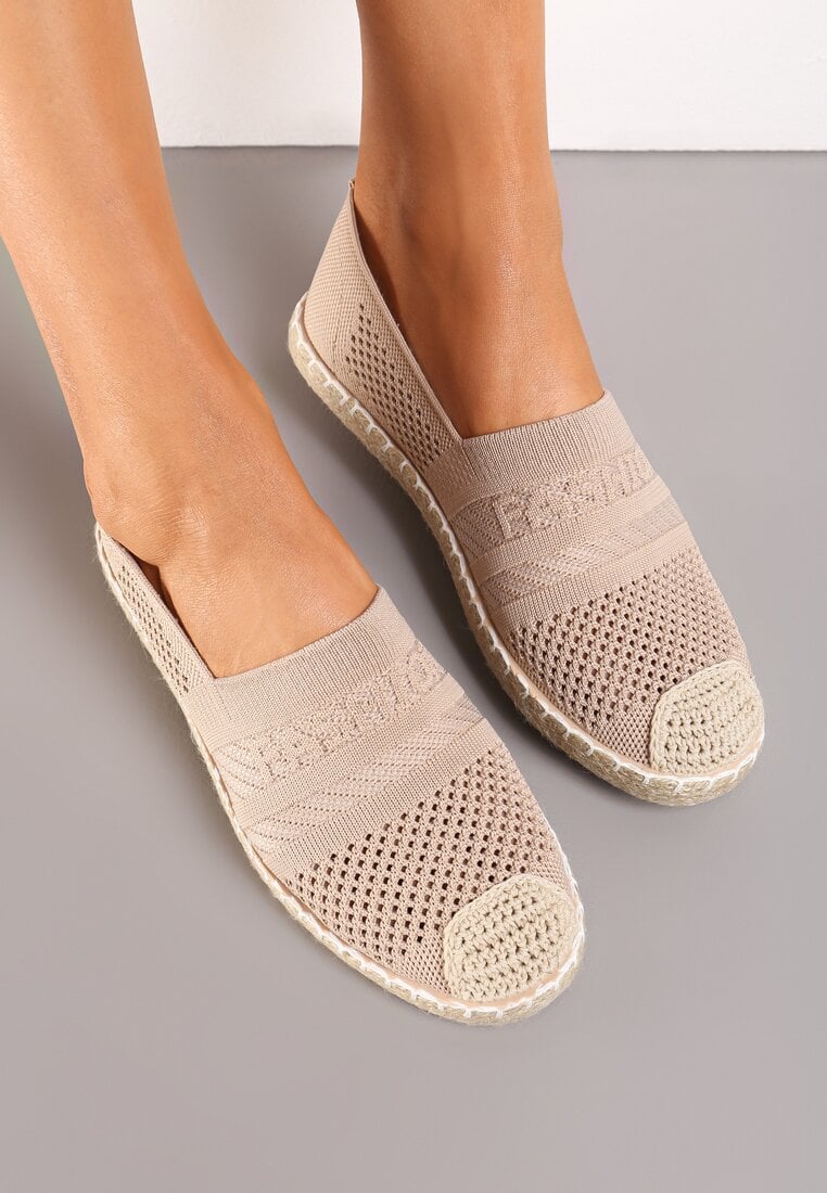 Ciemnobeżowe Espadryle z Plecioną Cholewką przed Kostkę Mokosa