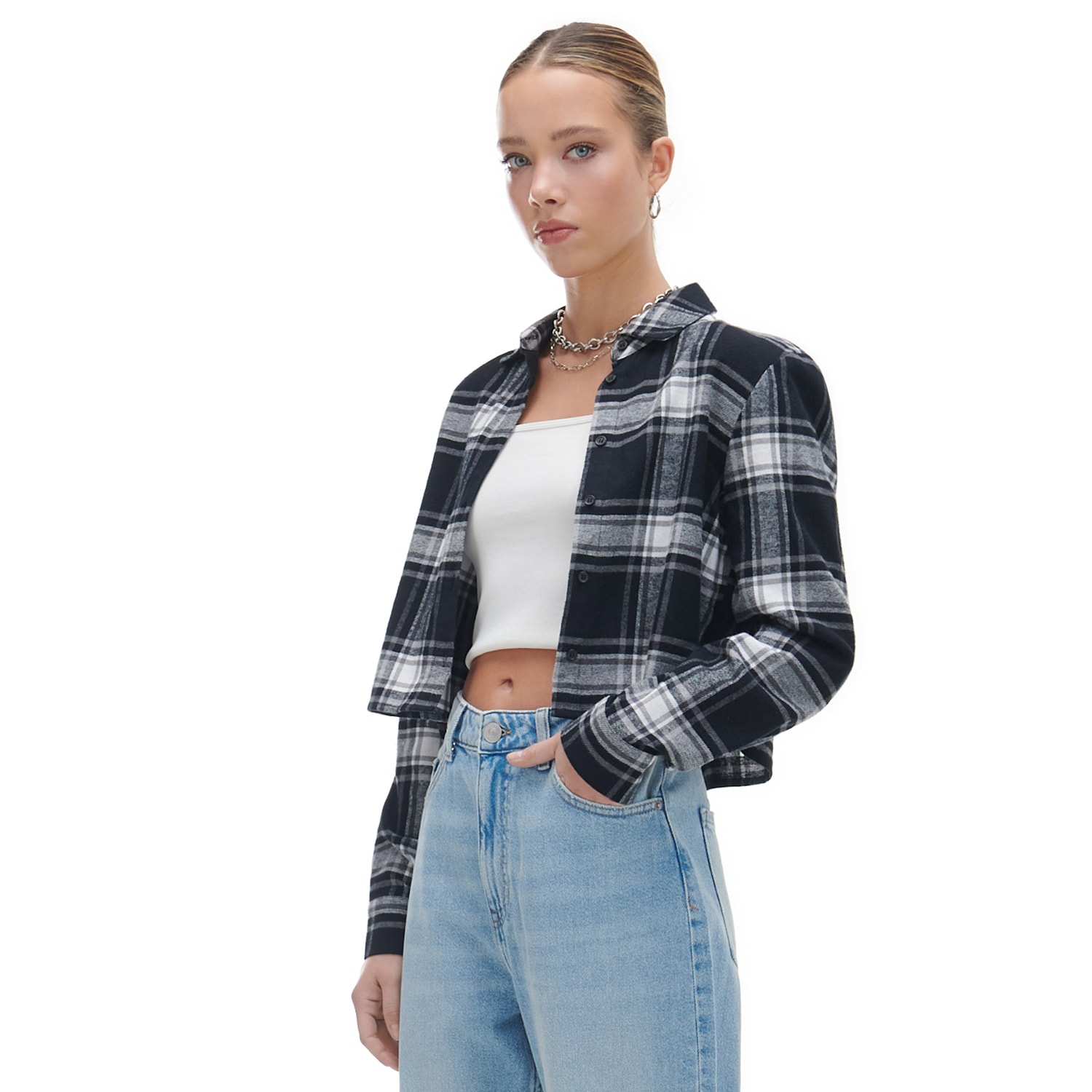 Cropp - Czarna krótka koszula w kratę - Czarny