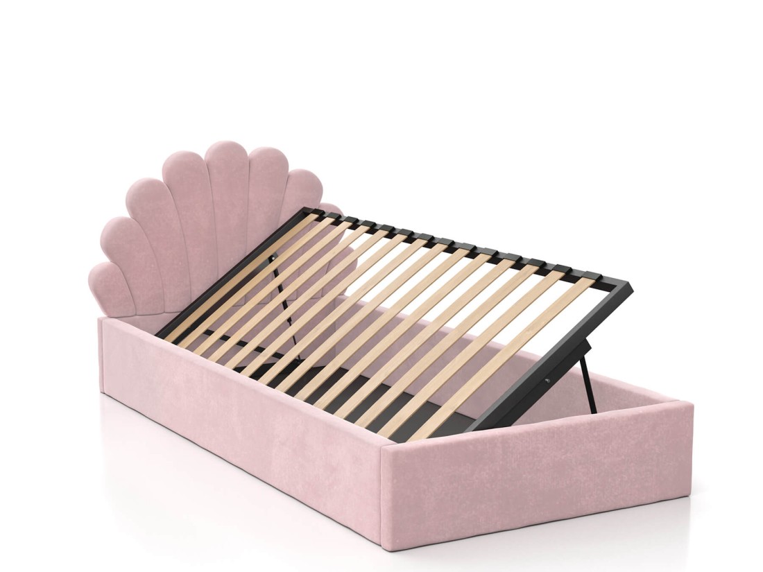 艁贸偶ko dzieci臋ce tapicerowane z pojemnikiem 90x200 ze stela偶em r贸偶owy Velvet Kids Line 3 Muszelka