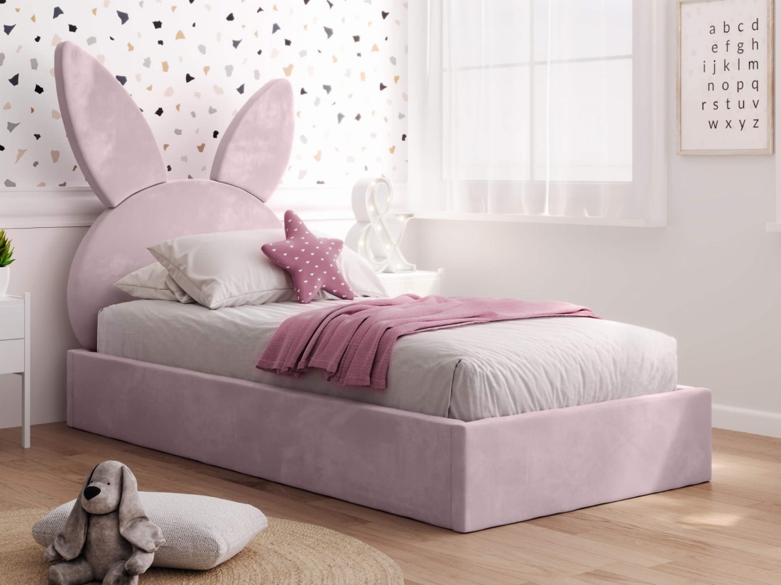 艁贸偶ko dzieci臋ce tapicerowane 90x200 ze stela偶em r贸偶owy Velvet Kids Line 2 Kr贸lik