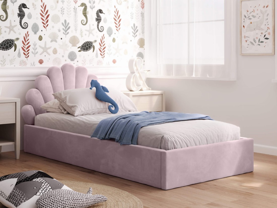 艁贸偶ko dzieci臋ce tapicerowane 90x200 ze stela偶em r贸偶owy Velvet Kids Line 3 Muszelka