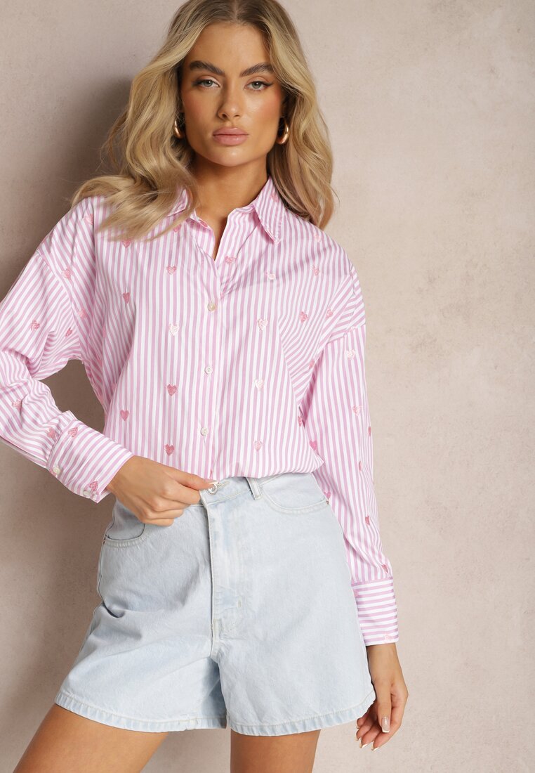 Różowa Bawełniana Koszula Ozdobiona Wzorem w Cienkie Paski i Serduszka Vatille