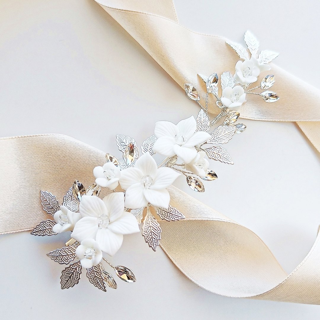 Kokonet, Ozdobna Spinka Na Włosy Do Fal Hollywood Z Kwiatami Cyrkoniami Srebrna Ślubna