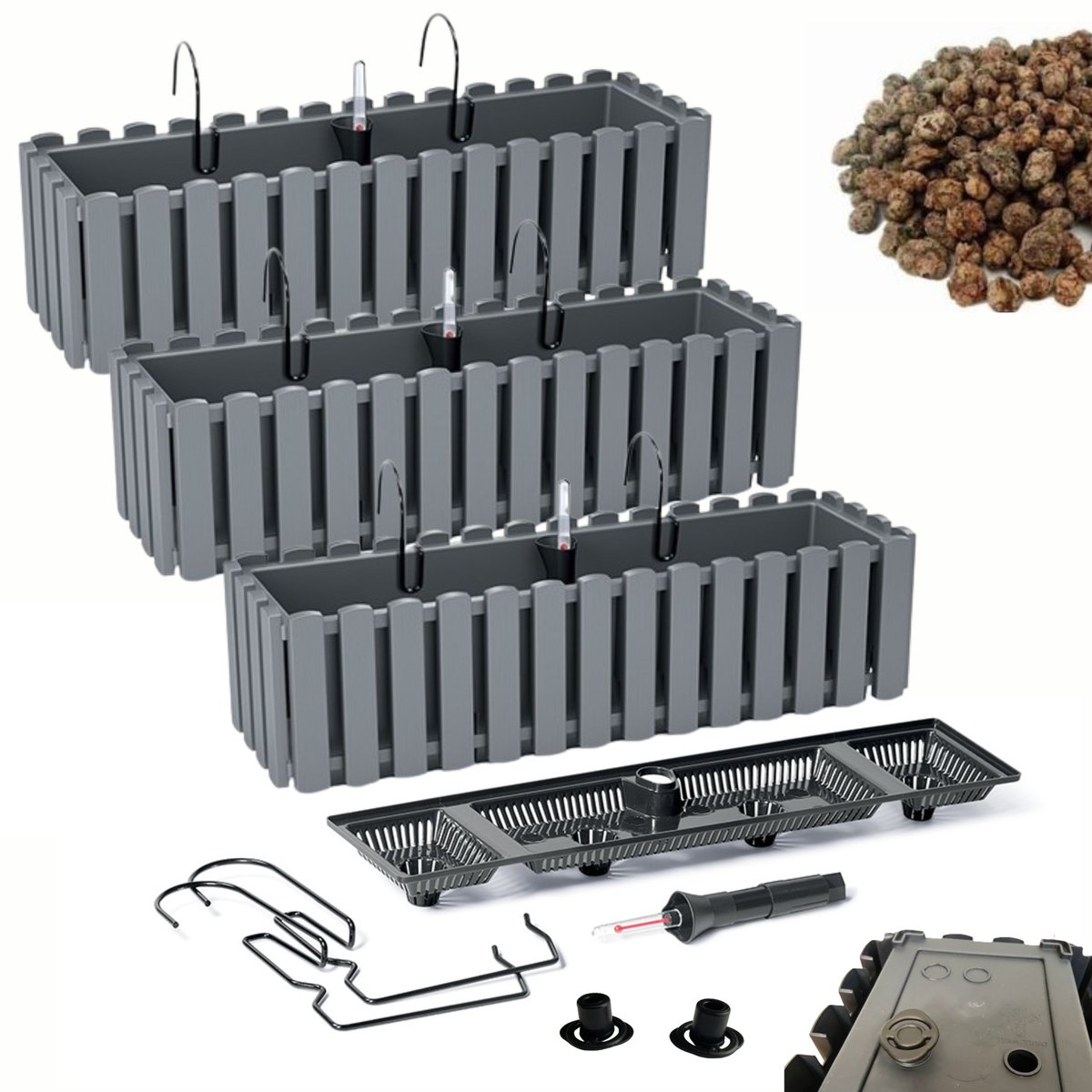 3x Skrzynka na balustradę DDEF600W Doniczka balkonowa + Keramzyt 3l