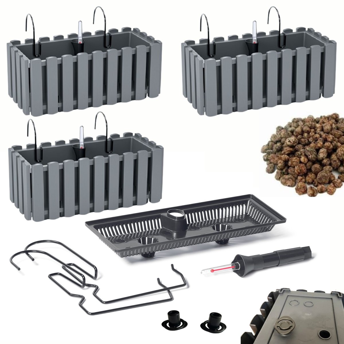 3x Skrzynka na balustradę DDEF400W Doniczka balkonowa + Keramzyt 3l