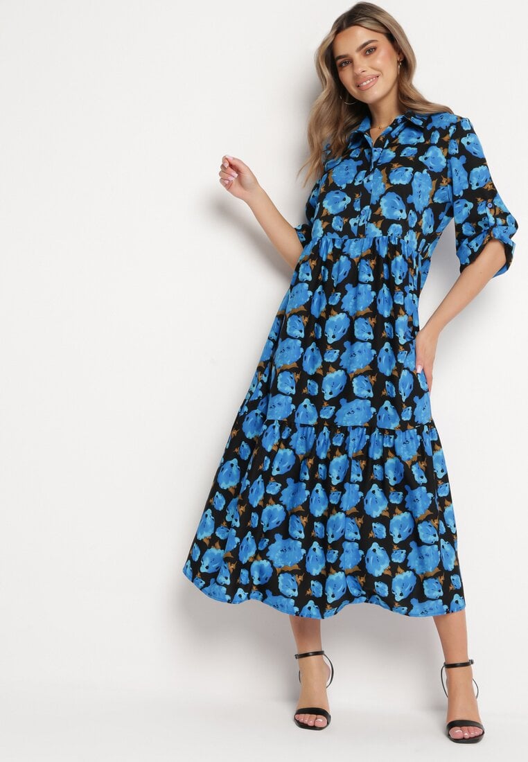 Niebieska Rozkloszowana Sukienka Maxi w Abstrakcyjne Kwiaty z Guzikami Przy Dekolcie Millara