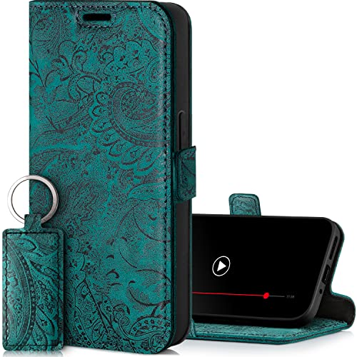 SURAZO Premium cienkie magnetyczne etui na telefon komórkowy Samsung Galaxy S24 Plus – składane etui ochronne z prawdziwej skóry [przegródka na karty, ochrona RFID, kwiatowy wzór] etui z klapką,