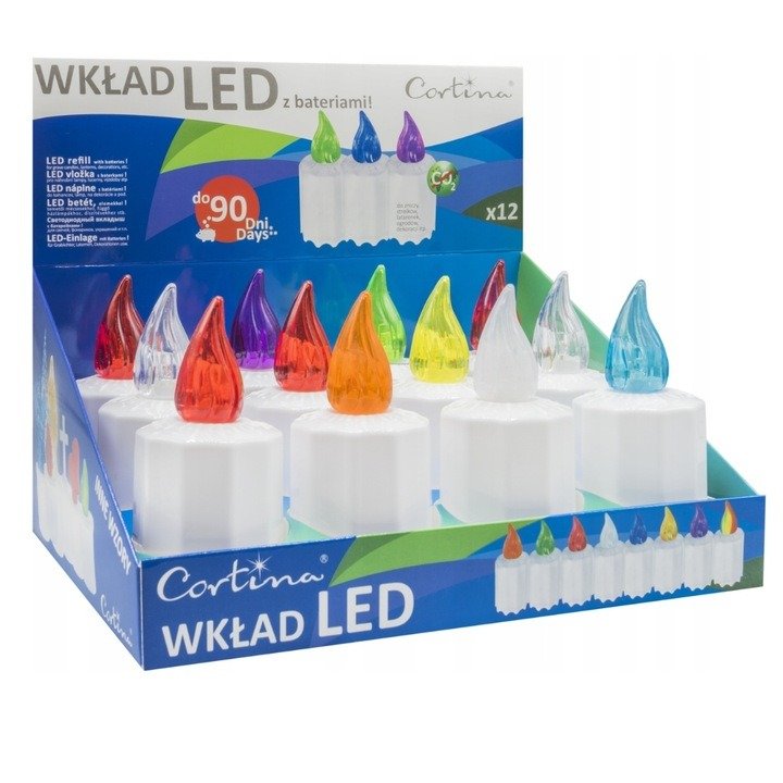 Wkład do zniczy Led Melius 90 dni Mix 8 kolorów Cortina (12 sztuk)