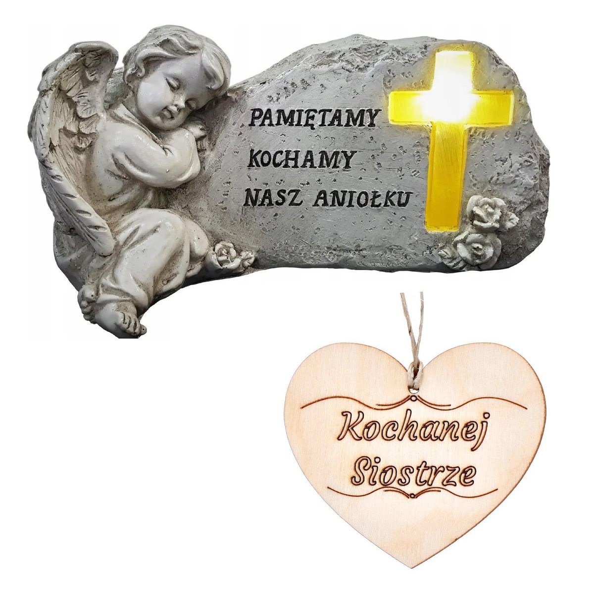 Znicz Figurka ANIOŁ STRÓŻ na grób SIOSTRY Podświetlany Krzyż