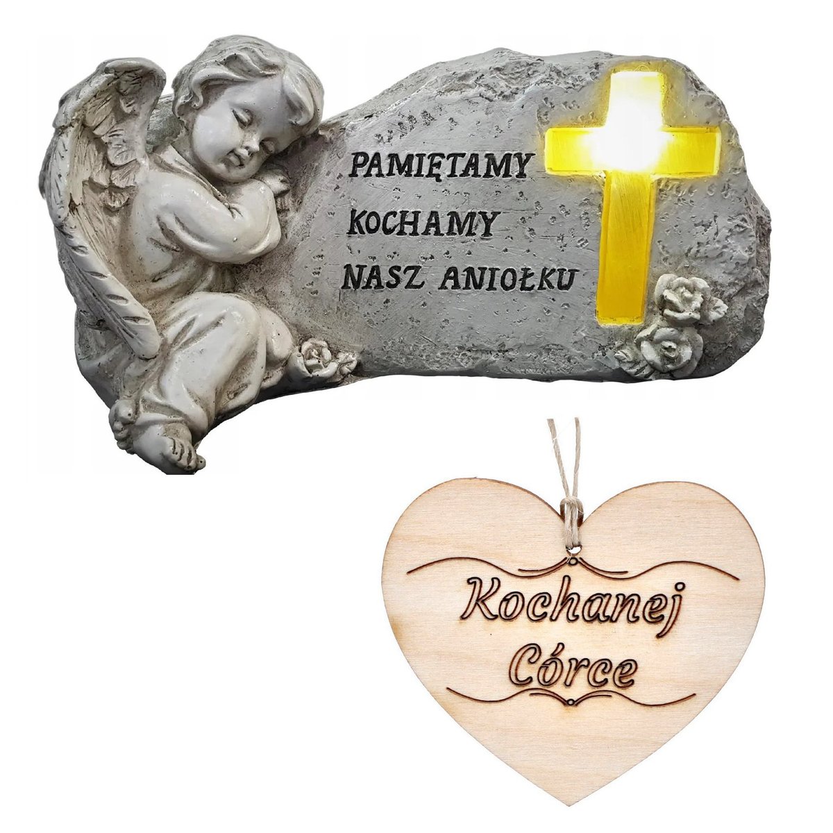 Znicz Figurka ANIOŁ STRÓŻ na grób CÓRKI Podświetlany Krzyż