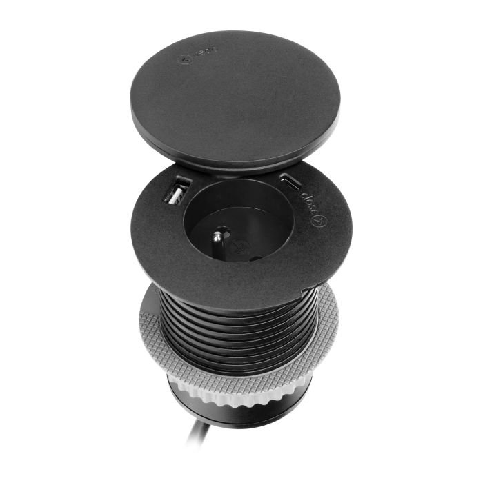 Gniazdo meblowe fi.6cm z rotacyjną pokrywą ładowarką indukcyjną ładowarką USB i przewodem 1.5m 1x2P+Z Qi 1.2.4 max. 10W 2xUSB (typ A i typ C 2.4A) c..