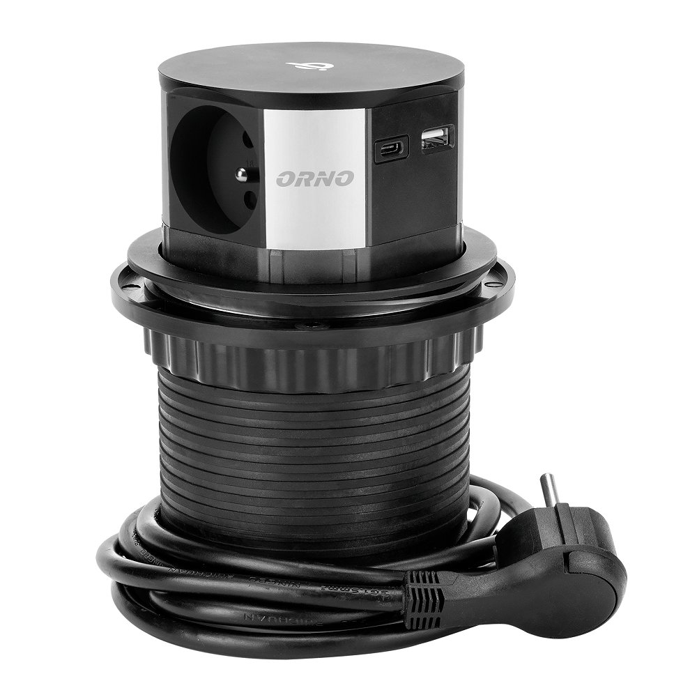 Gniazdo meblowe z ładowarką indukcyjną ładowarką 2xUSB i przewodem 1.5m 3x2P+Z OR-GM-9017
