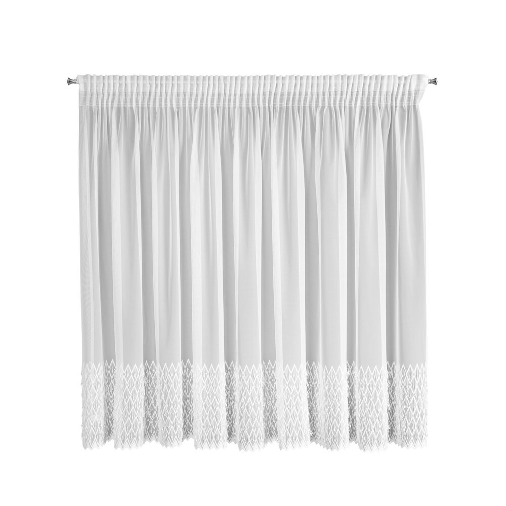 Firana gotowa na taśmie AMY 300x150 Eurofirany biała koronka geometryczna aplikacja frędzle