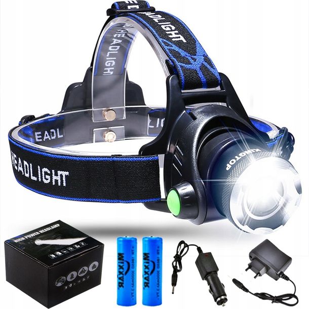Mocna Latarka Czołowa Czołówka Lampka Led Zoom Akumaltor Wodoodporna Zasięg