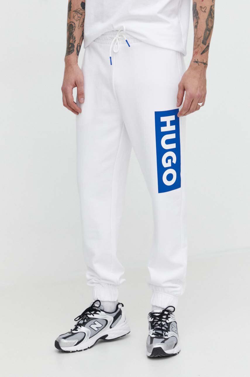 Hugo Blue spodnie dresowe bawełniane kolor biały z nadrukiem