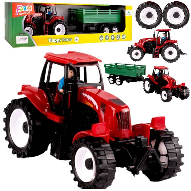 ﻿CZERWONY TRAKTOR Ciągnik z Przyczepą Dwuosiową NAPĘD Traktorzysta Zestaw