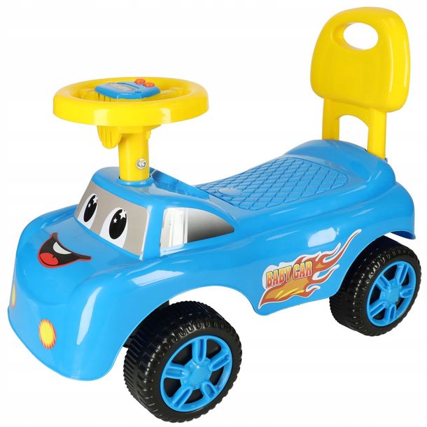 ﻿Jeździk pchacz samochodzik uśmiechnięty z klaksonem niebieski