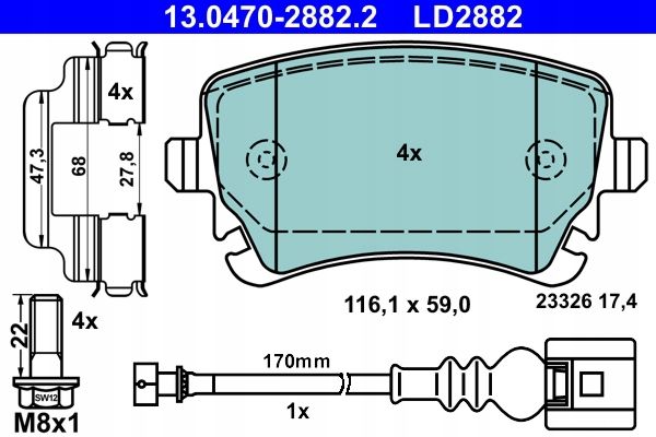 Klocki hamulcowe ATE 13.0470-2882 7E0698451 VW T5 03-15 tył z czuj.