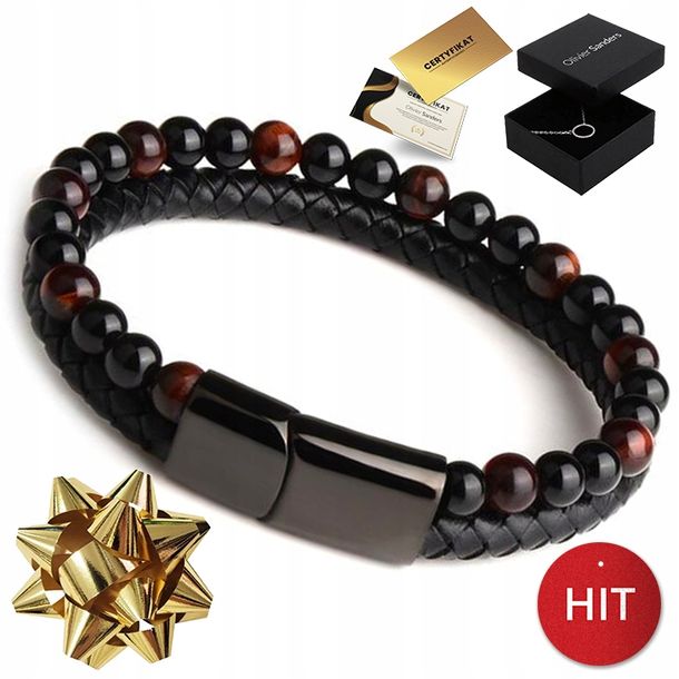 Czarna Skórzana Bransoletka Męska Koraliki Grawer Na Prezent Dla Faceta