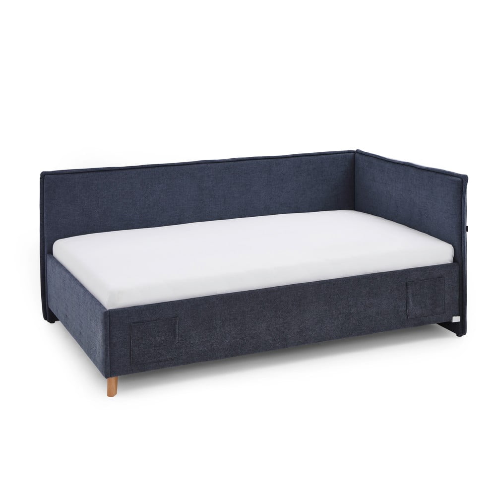 Ciemnoniebieskie tapicerowane narożne łóżko dziecięce ze schowkiem ze stelażem 120x200 cm Fun – Meise Möbel