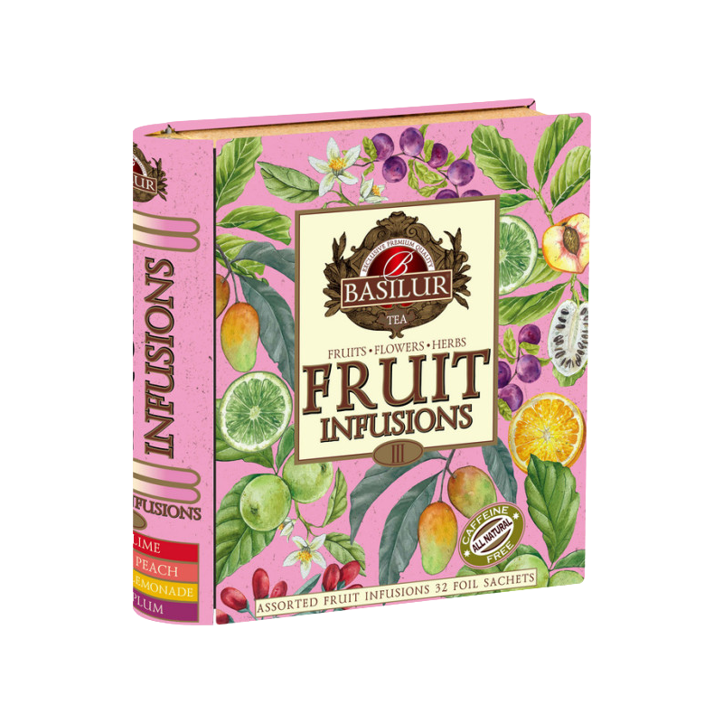 Basilur FRUIT INFUSIONS VOL. III zestaw bezkofeinowych herbat 4 smaki OWOCOWE saszetki w puszce - 32 x 2g