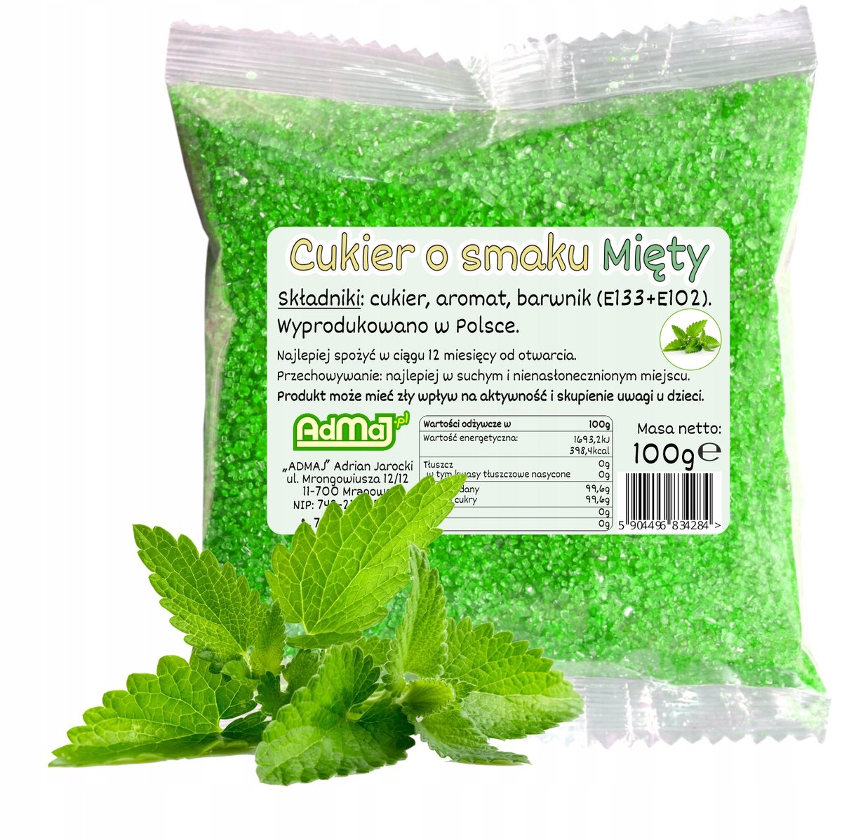 Cukier Kolorowy Do Waty Cukrowej Mięta Zielony 100g Saszetka Miętowy