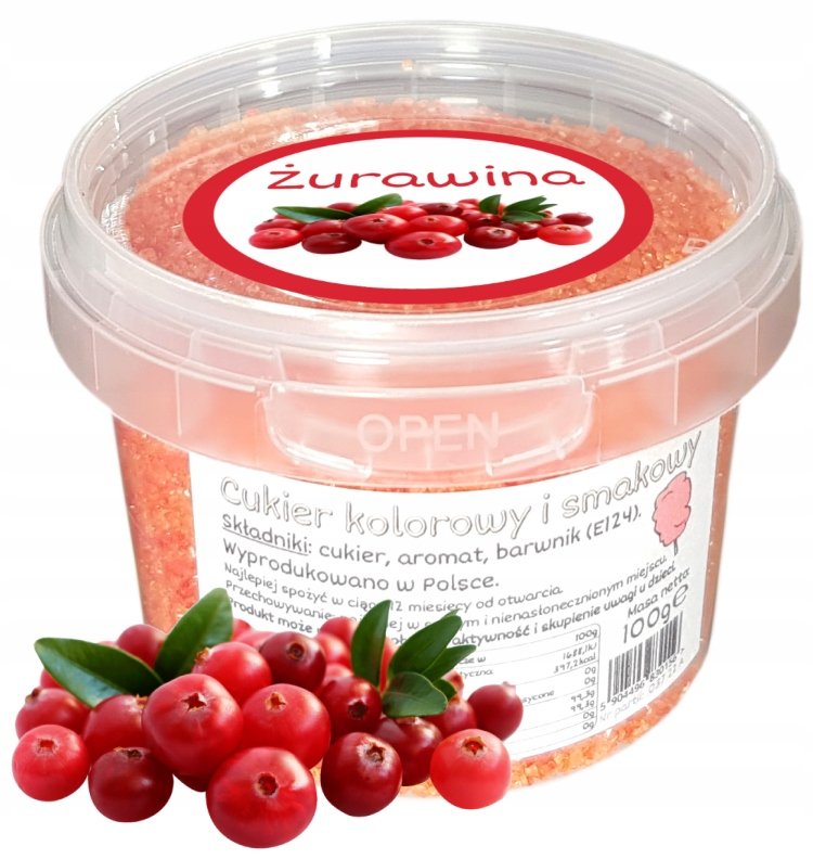 Kolorowy Cukier Do Waty Cukrowej Żurawina 100g Czerwony Wiaderko