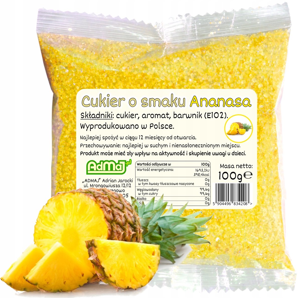 Cukier Kolorowy Do Waty Cukrowej Ananas Żółty 100g Saszetka Ananasowy