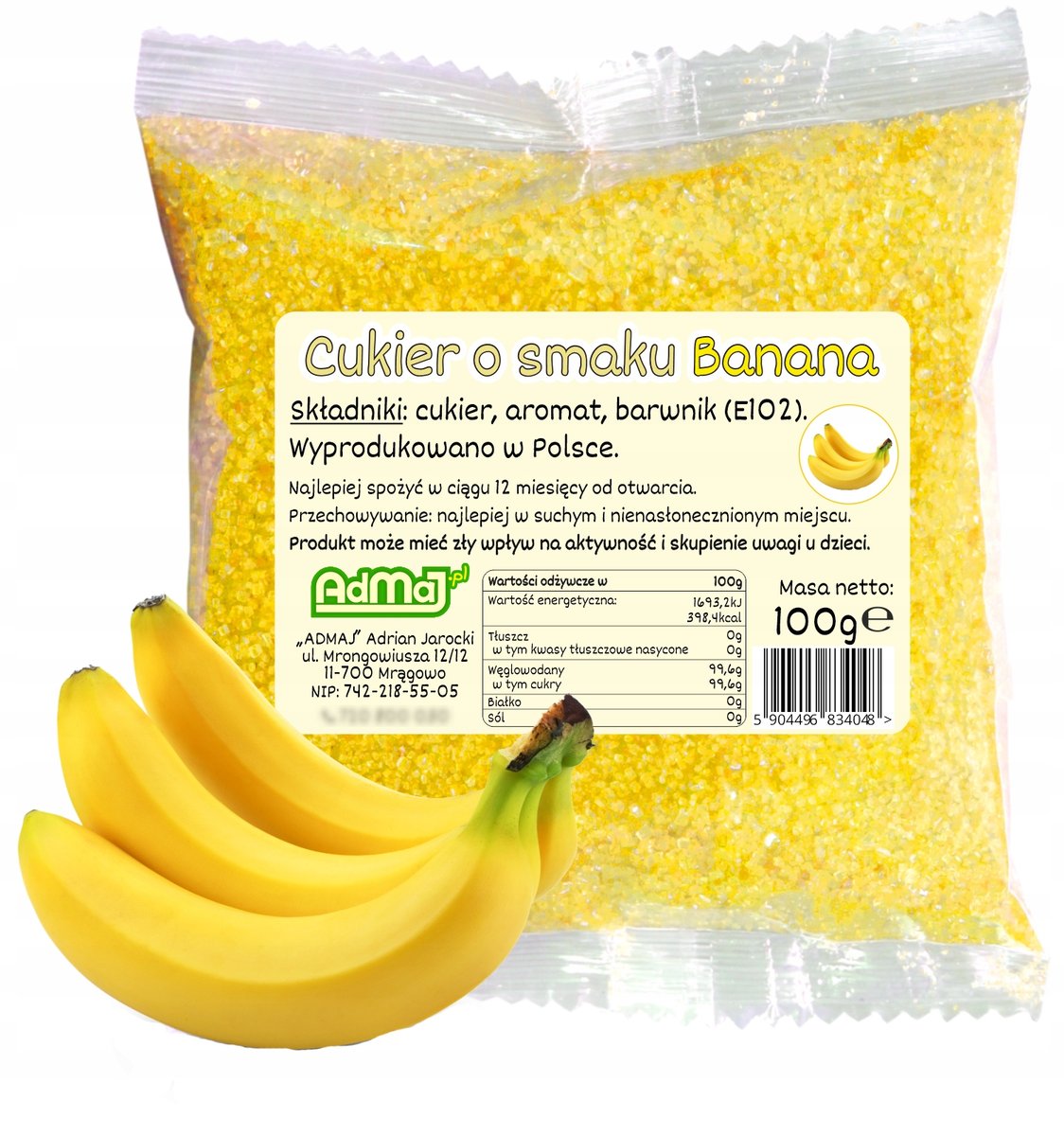 Cukier Kolorowy Do Waty Cukrowej Banan Żółty 100g Saszetka Bananowy