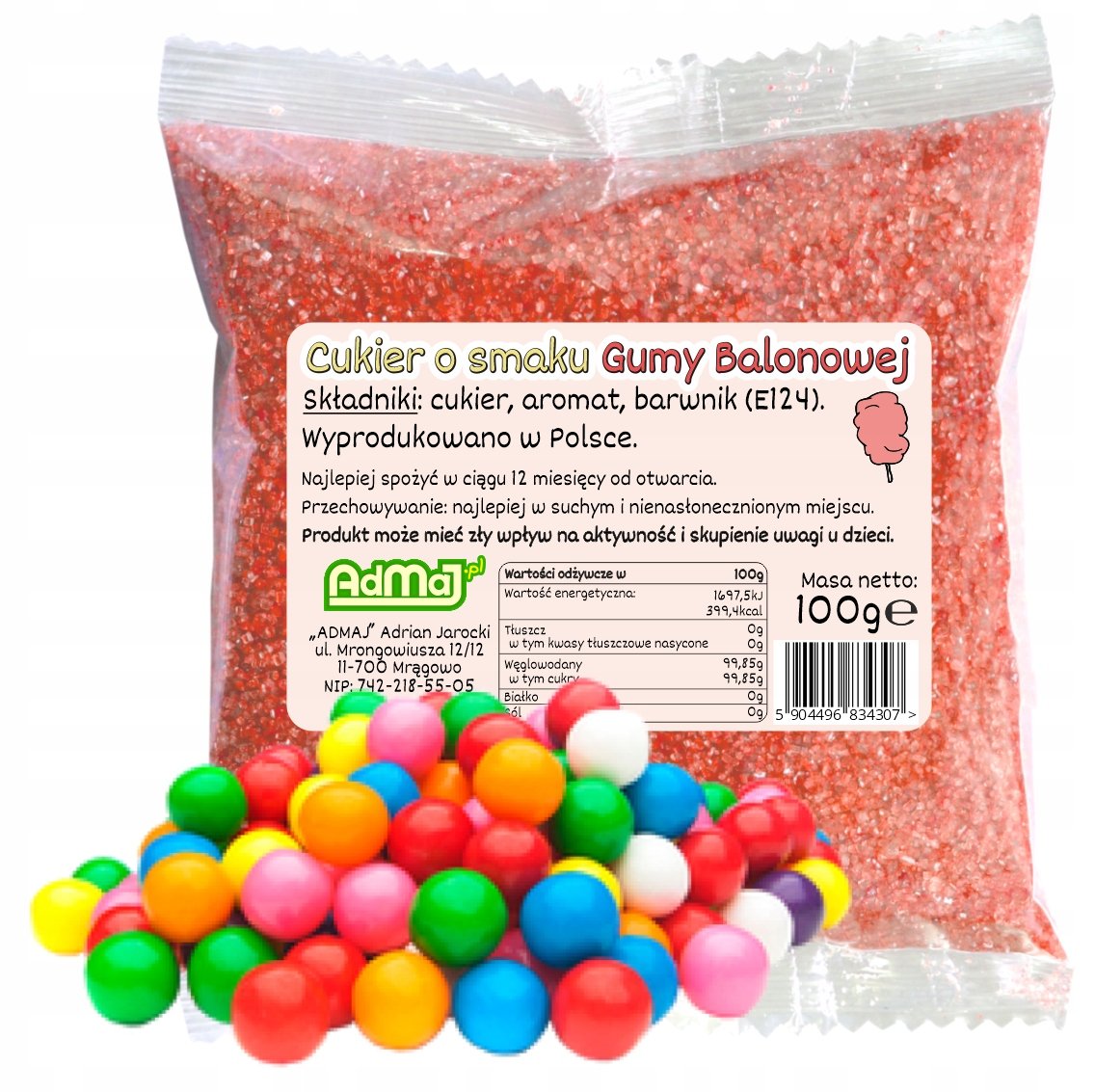 Cukier Kolorowy Do Waty Cukrowej Guma Balonowa Czerwony 100g Saszetka