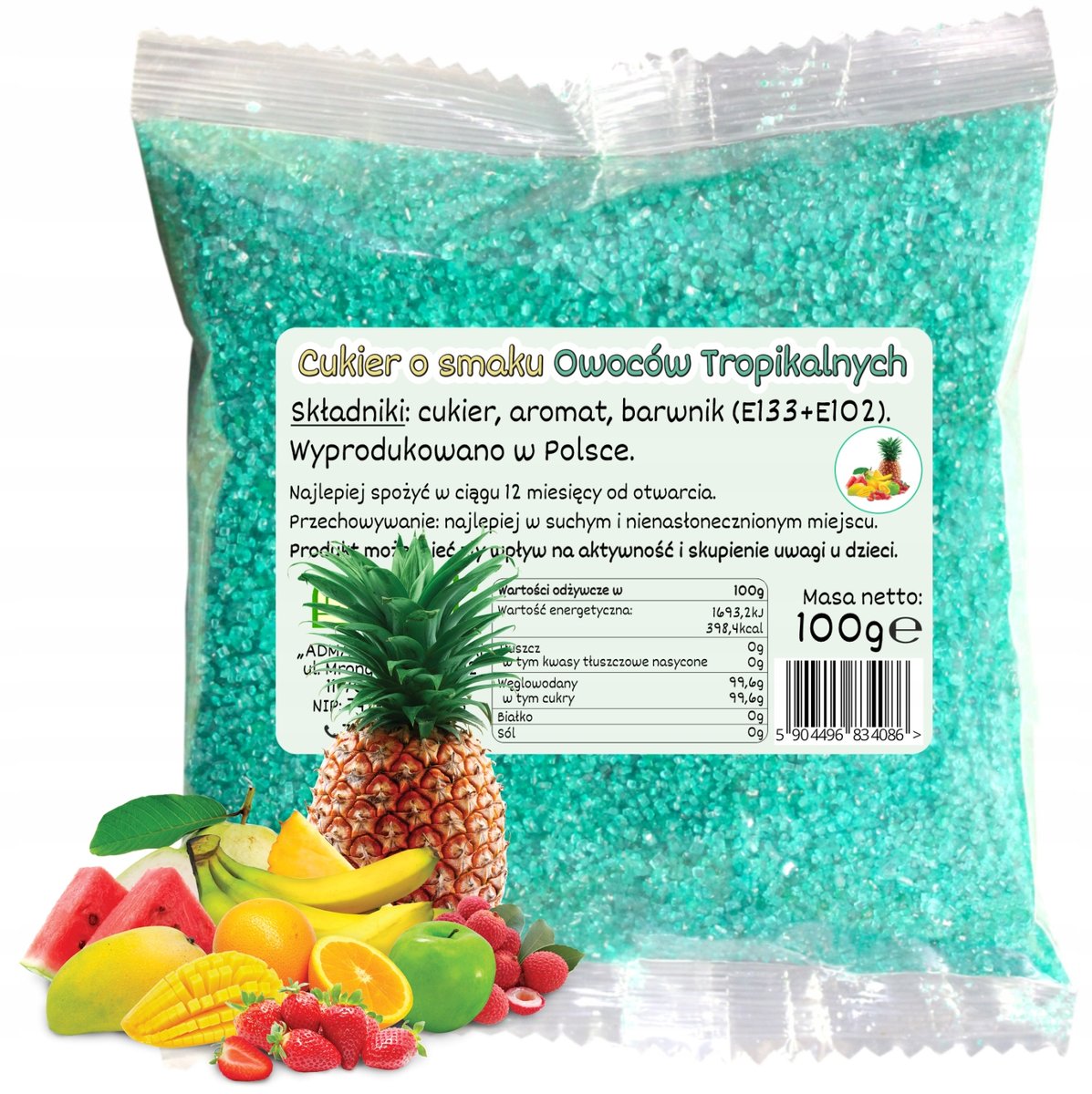Cukier Kolorowy Do Waty Cukrowej Tropikalny Turkusowy 100g Saszetka Tropik