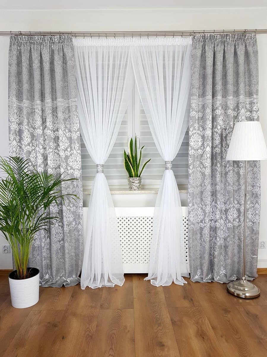 Firanka z zasłonami-komplet szary