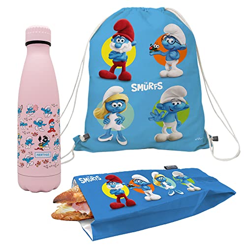 NERTHUS FIH 1077 Set Plecak + Torba Przekąska + Butelka Podwójna Ściana 350 ml Smerfy