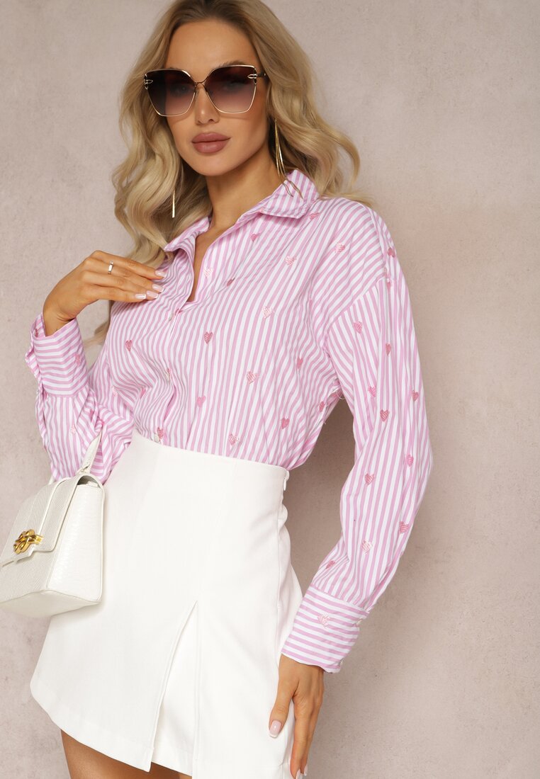 Różowa Koszula z Bawełny w Paski z Wyhaftowanymi Serduszkami Aleriesa