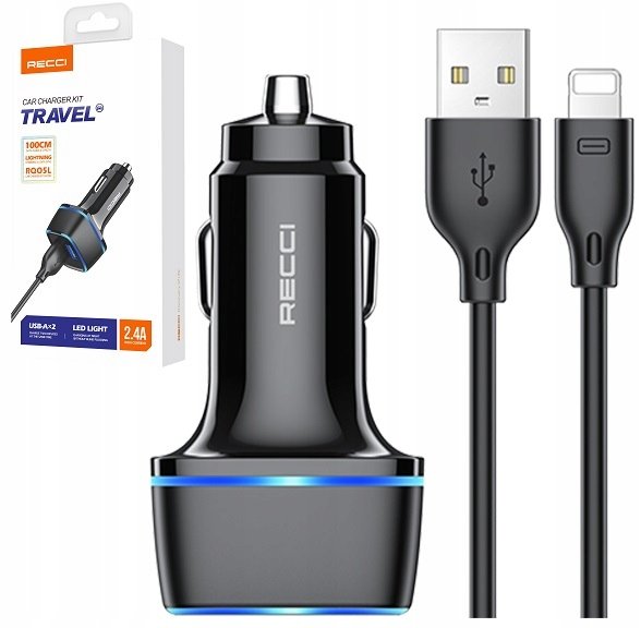 SZYBKA ŁADOWARKA SAMOCHODOWA USB LED 2.4A + KABEL LIGHTNING DO iPhone RECCI