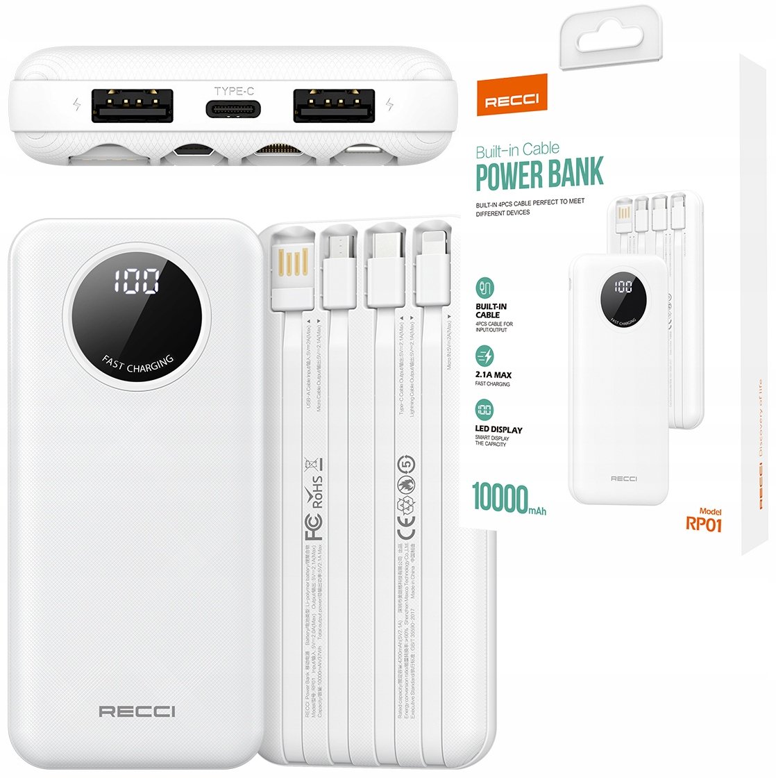SZYBKI POWERBANK 10000MAH 2.1A Z EKRANEM LED Z KABLAMI 3W1 RECCI