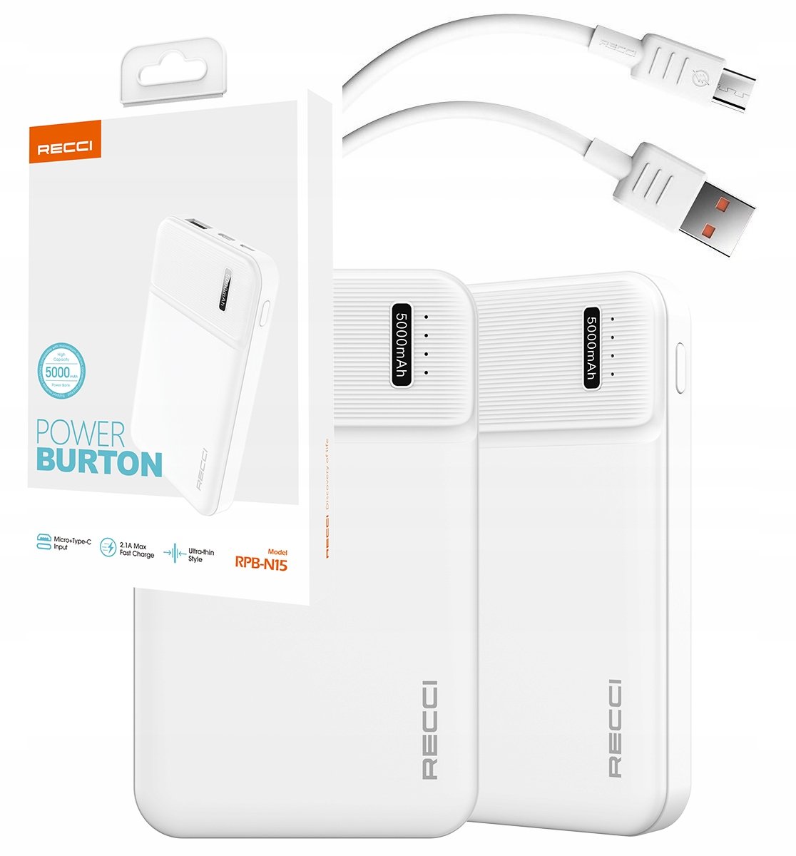 SZYBKI POWERBANK 5000MAH MOCNY SZYBKIE ŁADOWANIE 2,1A USB i C + KABEL RECCI