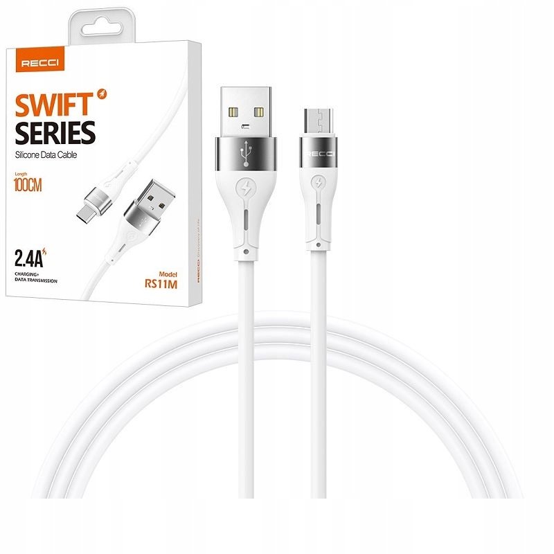 SZYBKI KABEL MICRO USB 2.4A WZMACNIANY 1M ALUMINIOWE KOŃCÓWKI RECCI