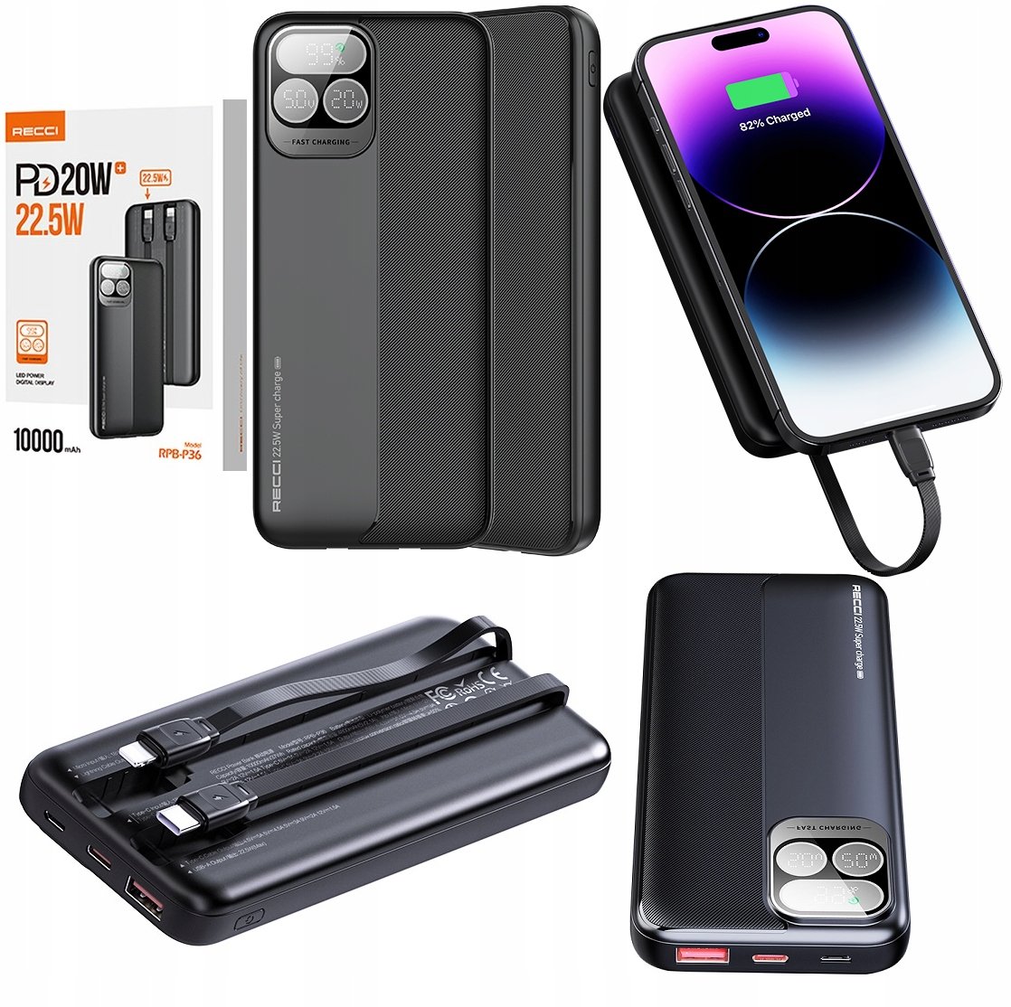 SZYBKI POWERBANK 10000MAH 22,5W 3A PD Z WBUDOWANYMI KABLAMI Z EKRANEM RECCI