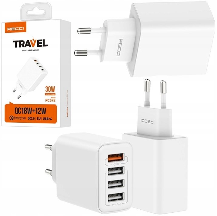 SZYBKA ŁADOWARKA SIECIOWA 4x USB QUICK CHARGE 3.0 18W RECCI