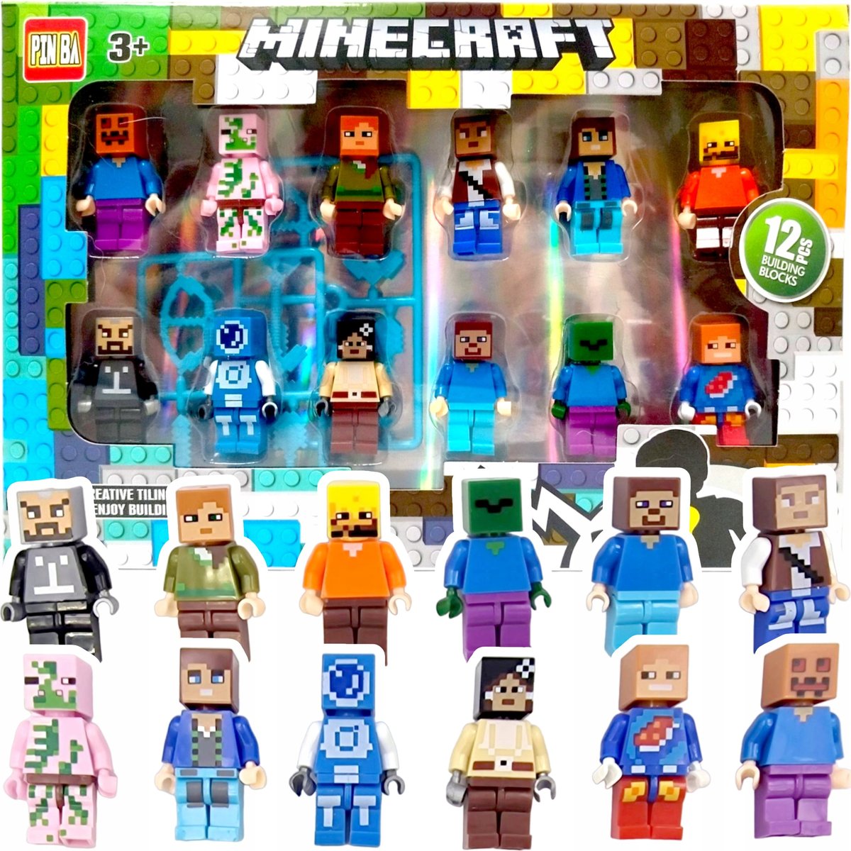 ZESTAW XL 12 FIGUREK DLA FANÓW MINECRAFT FIGURKI KLOCKI LUDZIKI + 10 BRONI