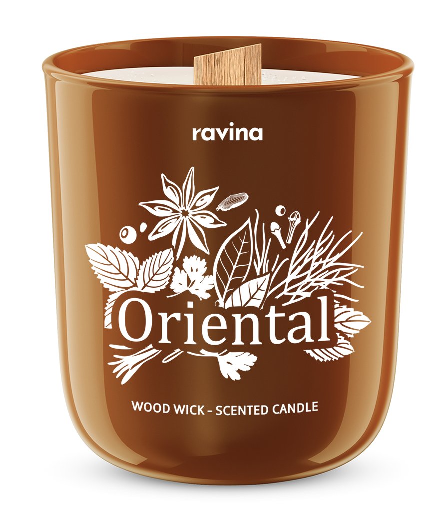 ORIENTAL sojowa perfumowana świeca zapachowa w szkle, drewniany knot zapach ORIENTALNY