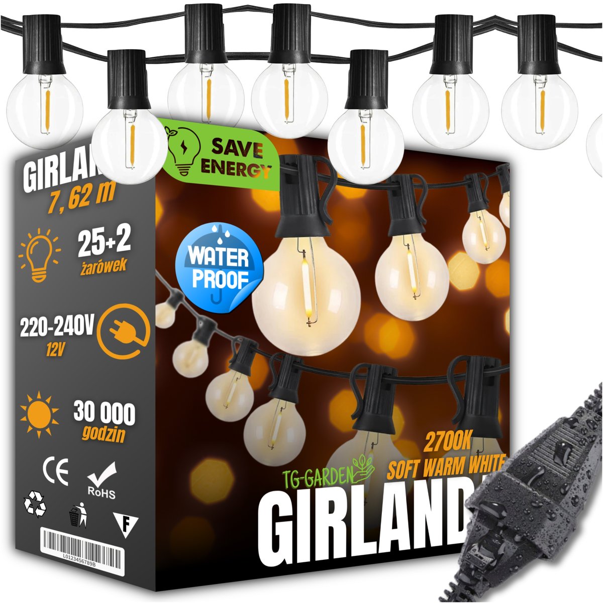 GIRLANDA ŚWIETLNA OGRODOWA LAMPKI 25 LED ZEWNĘTRZNA DEKORACJA BALKON TARAS