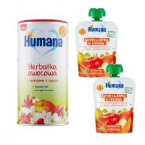 Humana Zestaw Herbatka owocowa z ekstraktem z owoców po 8. miesiącu + 100% Bio Organic Mus dynia z marchewką w owocach po 8. miesiącu 90 g GRATIS 200 g + 2 x 90 g