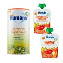 Humana Zestaw Herbatka koperkowa z ekstraktem z ziół po 4. miesiącu + 100% Bio Organic Mus dynia z marchewką w owocach po 8. miesiącu 90 g GRATIS 200 g + 2 x 90 g