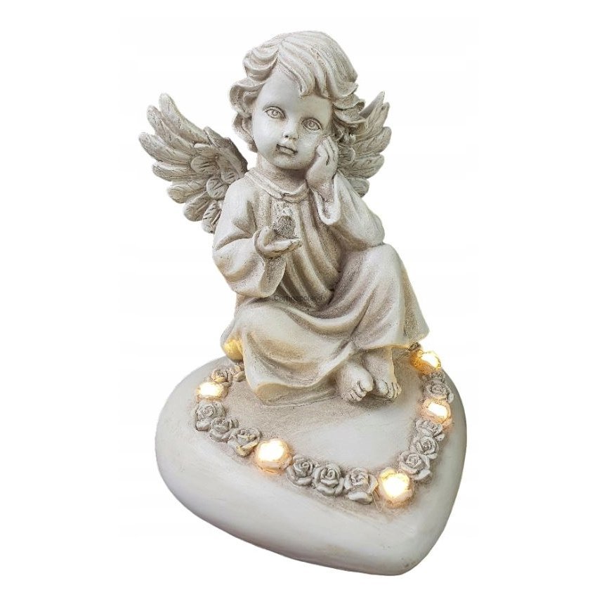 Znicz ANIOŁEK siedzący na sercu podświetlany LED na GRÓB 18 CM