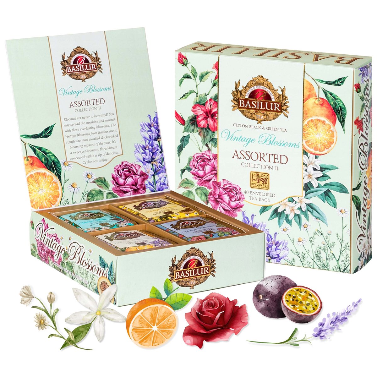 BASILUR Vintage Blossoms Assorted - Mieszanka herbat cejlońskich w saszetkach 40x2g x1