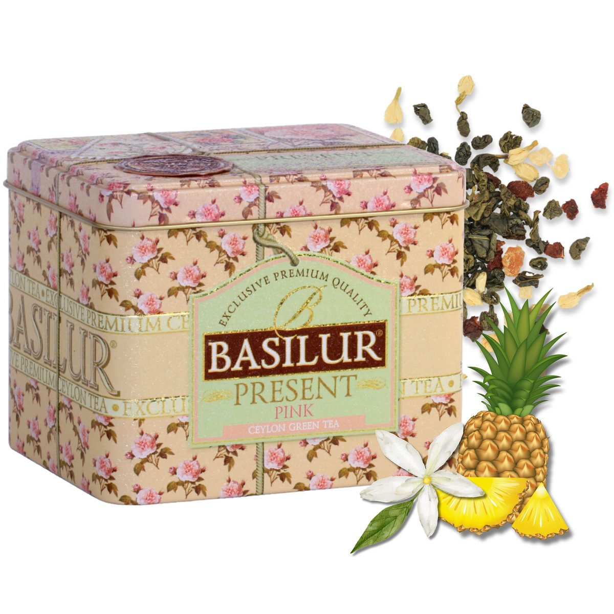 BASILUR Present Pink- zielona herbata cejlońska, liściasta w ozdobnej puszce 100g x1